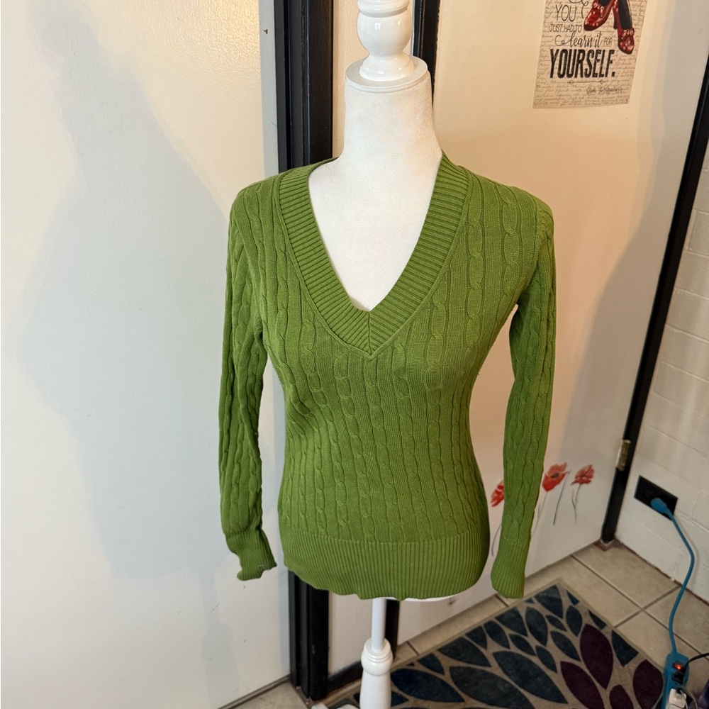 Green V-Neck Cable Knit Sweater